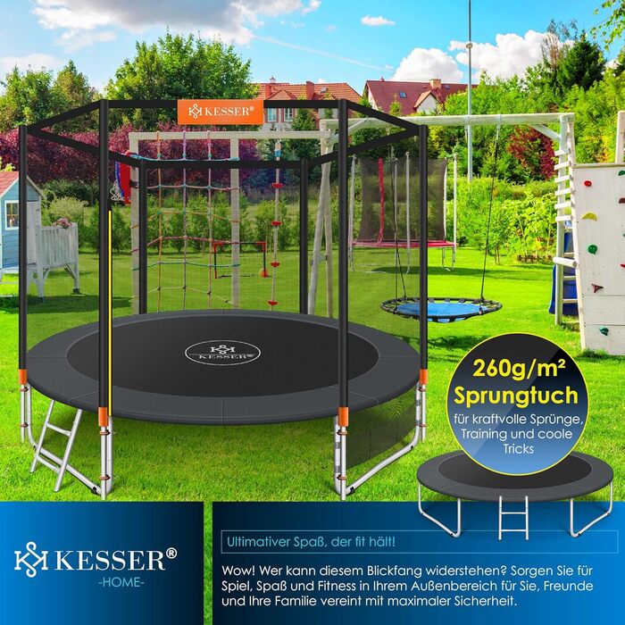 Батут KESSER для дітей та дорослих Ø244/305/366/427 см з сіткою, драбиною, захисним покриттям та сумкою - до 150 кг, помаранчевий