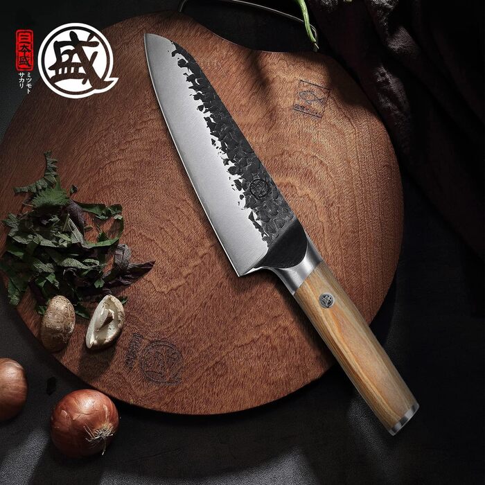 Японський ніж Santoku Mitsumoto Sakari 17 см, ручне ковальство, професійний, з пакавудовою ручкою, оригінальний колір дерева