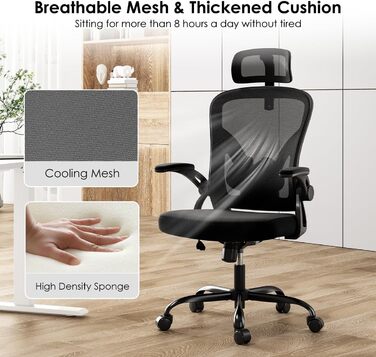 Ергономічне крісло Farini з підлокітниками для офісу та дому, з роликами та підголівником (чорний)