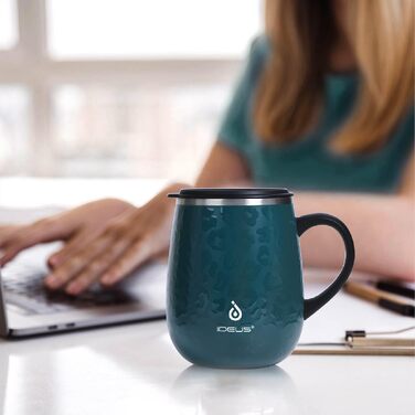 Кружка для кави та чаю Ideus 470 мл з подвійними стінками, нержавіюча сталь, з нековзним ручним тримачем та кришкою-висувним модулем (Трав'яний зелений)
