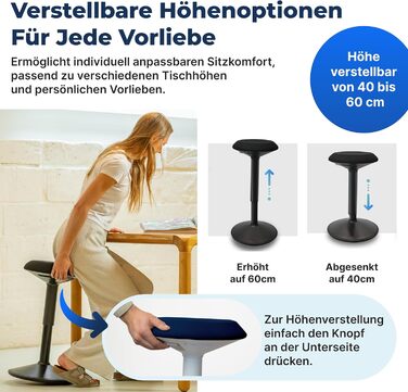 Ергономічний офісний стілець-хокер з регулюванням висоти та ефектом балансування, синій (40-60 см) - найкращий вибір для офісу та стоячої роботи