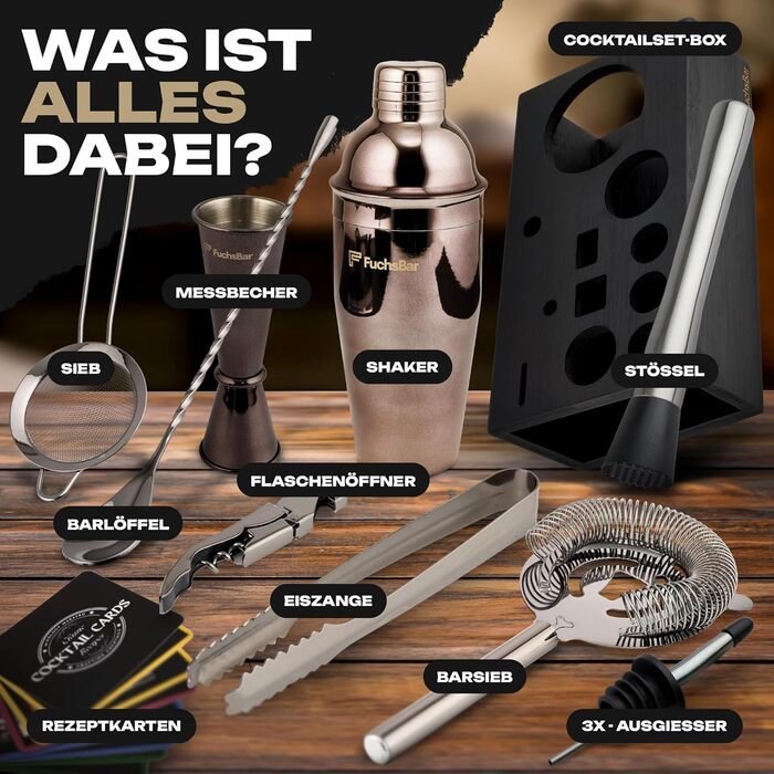 Набір для коктейлів, 8 предметів, нержавіюча сталь, з шейкером, стрейнером, ложкою, рецептами та аксесуарами – ідеальний барний набір для дому, вечірок та як подарунок