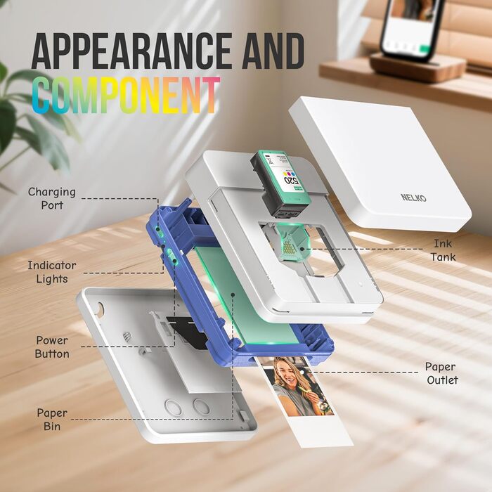 Портативний міні-принтер Nelko PP01 для фотографій з телефону. 20 листів паперу, принтер-наклейка, для iOS & Android, білий