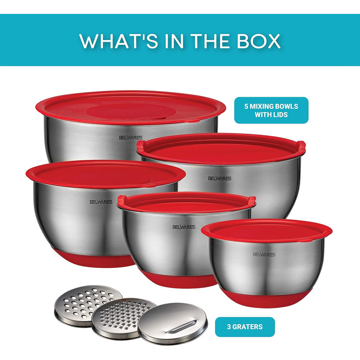 Набір місок для перемішування з кришками (5 шт.) - міски для зберігання продуктів з кришками та терткою - нержавіюча сталь, антиковзаюче покриття, для випічки та приготування їжі