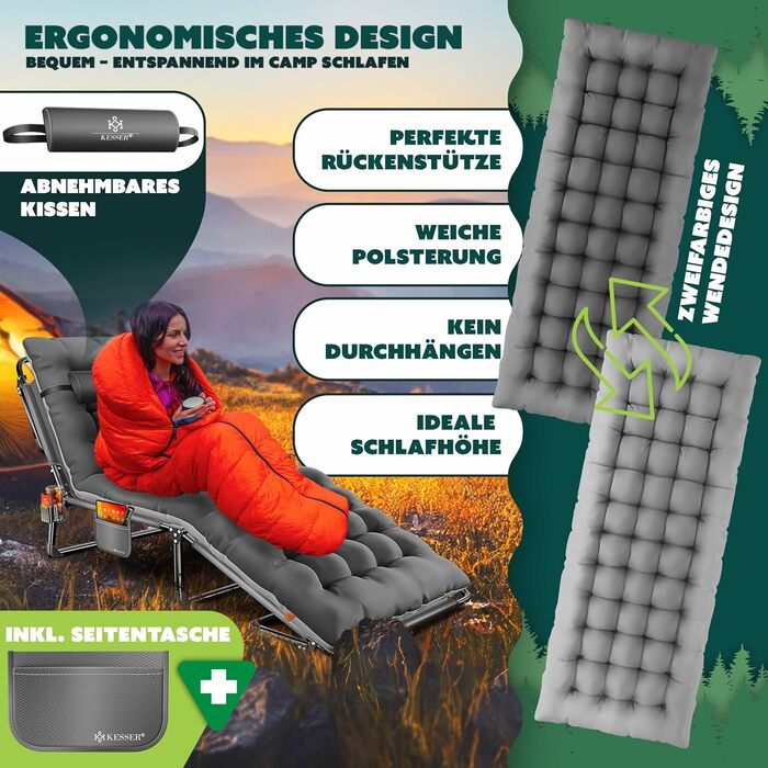 Розкладне кемпінгове ліжко KESSER з преміум-матрацом та подушкою, 190x68x30 см, витримує до 250 кг, з кишенею та підстаканником, антрацит