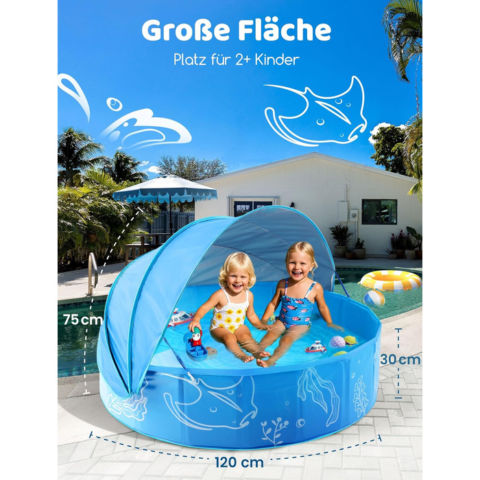 Надувне дитяче басейн з тінню 47 дюймів для пляжу, саду, дому (блакитний)