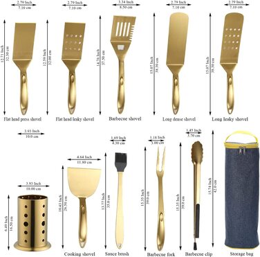 Приладдя для гриля Berglander, Набір столових приладів для барбекю з 10 предметів з тримачем для посуду, ручкою, не плавиться, не відшаровується і термостійкий (нержавіюча сталь, 2-е золото)