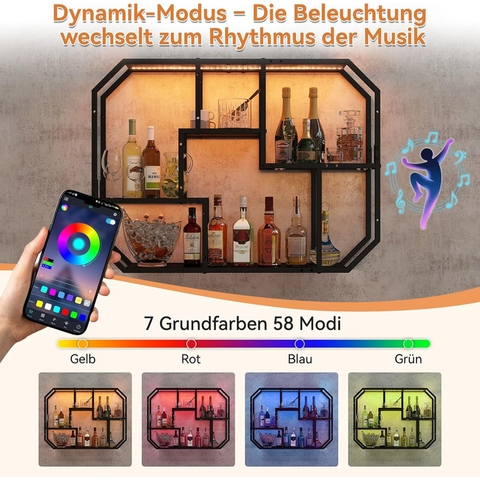 Підвісні полиці YU YUSING з RGB підсвічуванням 7 кольорів, геймерські полиці з 8 гачками, полиці для демонстрації, настінна вітрина з 2 скляними полицями, підвісна вітрина для спальні, кухні, бару, ігрової кімнати, шестигранна (чорний колір)