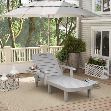 Шезлонг для саду з бічним столиком, імітація дерева, з 5-позиційним регулюванням спинки, світло-сірий