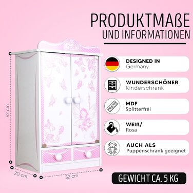 Дитячий шафа-стінка Habeig XXL з 2 дверцятами, 52 см, білий, для ляльок (Рожевий/Білий 822)