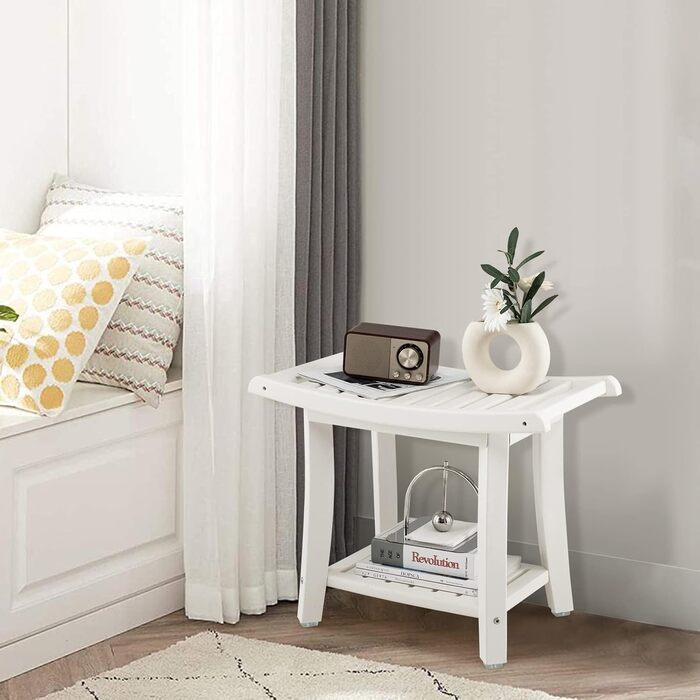 Двомісна душова лавка COSTWAY з полицею, 170 кг, біла. Душовий стільчик для дорослих та літніх людей, 60,5 x 34 x 48 см