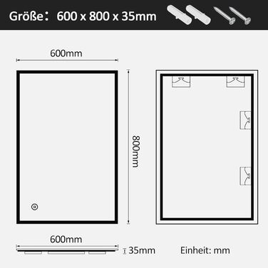 Дзеркало для ванної кімнати Boromal з підсвічуванням 80x60 см, 3 кольори світла, регулювання яскравості, LED, сенсорне керування