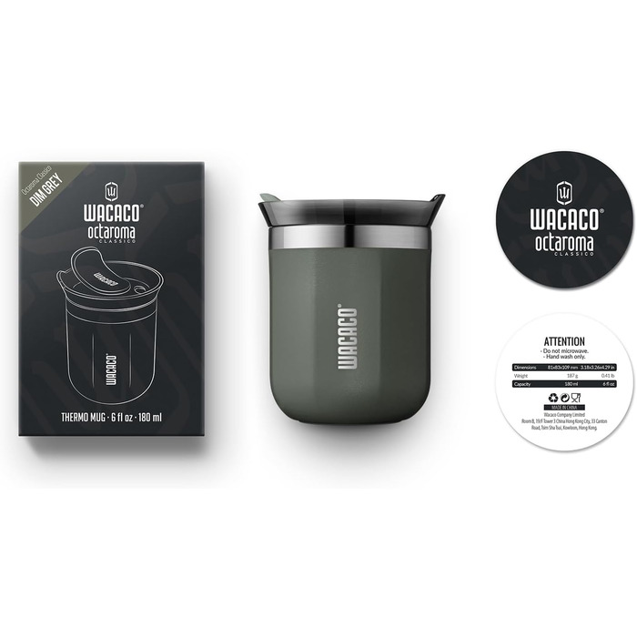 WACACO Octaroma Lungo: вакуумний термос для кави, 180 мл, сірий, з кришкою