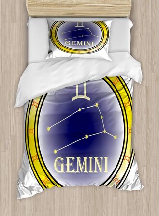 Знак зодіаку Набір підковдр Gemini Двоспальне ліжко, коло та щити, м'яка форма Високоякісна підковдра з 2 предметів з 1 наволочкою, 170 x 220 см - 75 x 50 см, темно-синій жовтий помаранчевий
