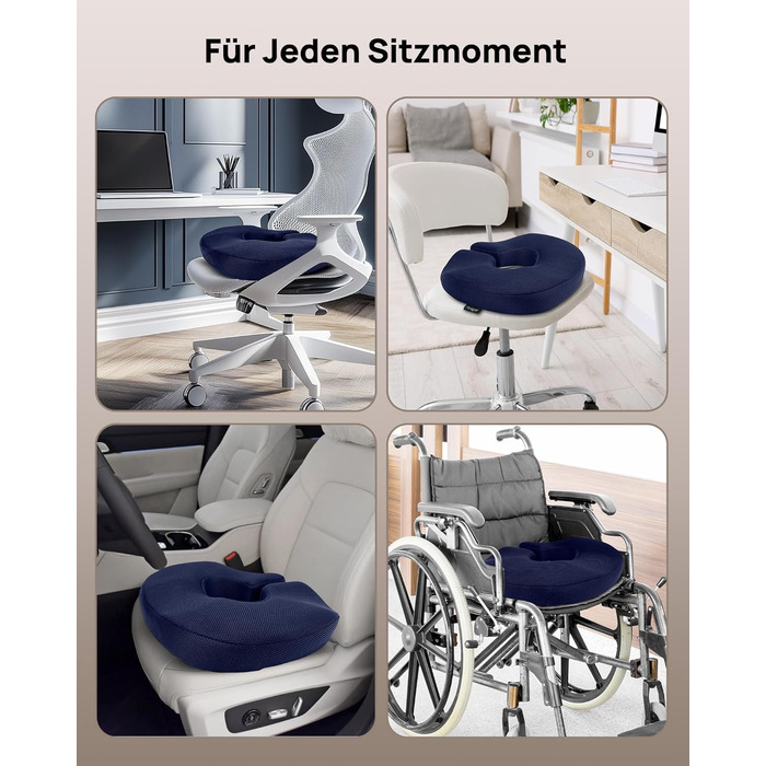 Ортопедична подушка-кільце Feagar: ергономічний сидіння-пончик для копчика, геморой та ішіасу, посилена (90-140 кг), темно-синя