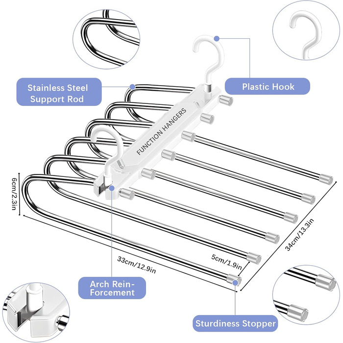 Вішалка для штанів GUHAOOL 6 в 1, 2 шт. и нековзна, складна, багатофункціональна, для штанів, шарфів, одягу (біла)