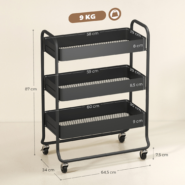 Візок для кухні, 3 кошики, 4 колеса, металевий, чорний