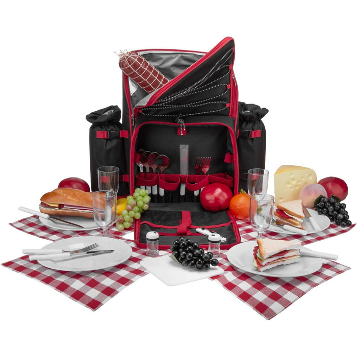 Рюкзак для пікніка Andora на 4 особи з інтегрованою сумкою-холодильником, зелений, з аксесуарами (чорно-білий у горошок)