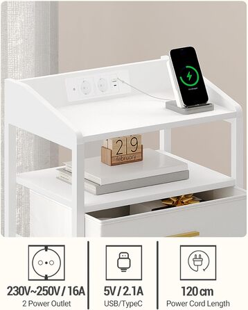 Приліжкова тумба з LED-підсвіткою, USB і розетками, 3 текстильні шухляди, полиці, для спальні та вітальні, біла NS31013W
