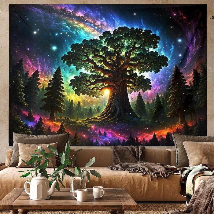 Гобелен з ультрафіолетовим випромінюванням Arsey Blacklight Forest Trippy, галактика Tree Stars, XXL 300x180см, різнокольоровий