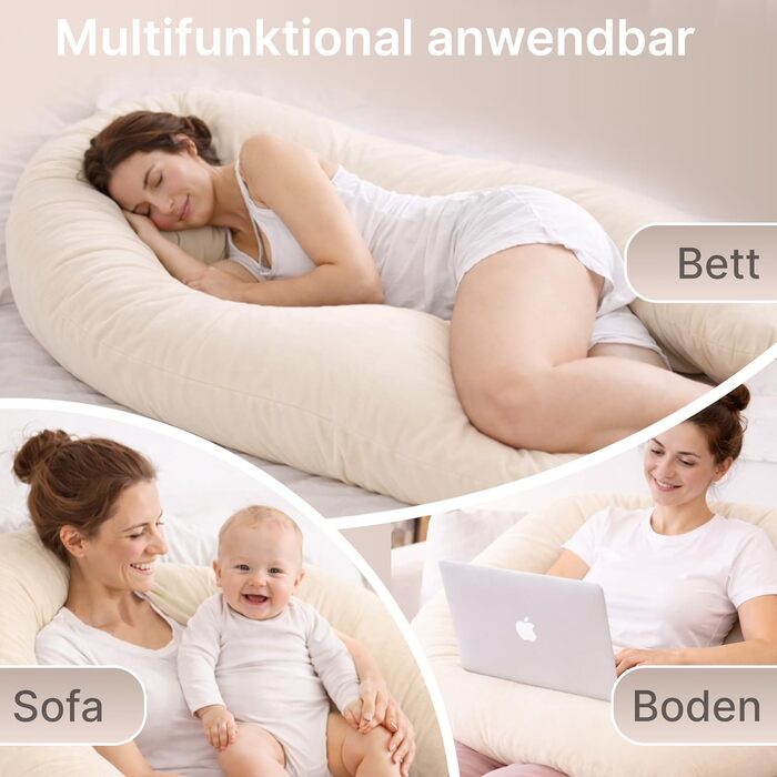 Подушка для вагітних ELONEO NEU для сну на боці, подушка для годування, XXL розмір, кремова, знімний чохол, подушка для читання, пральна