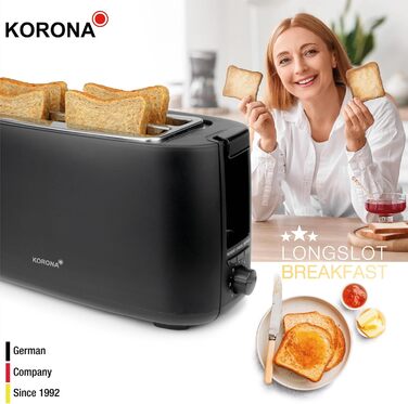 Тостер Korona 21060 4 скибочки, довгий слот, регульований, розморожування, смаження, 1400 Вт, насадка для булочки, чорний