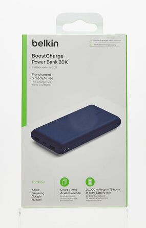 Повербанк Belkin 20K, 20 000 мАг, USB-C/USB-A, включаючи кабель, для iPhone, Galaxy, Pixel - синій