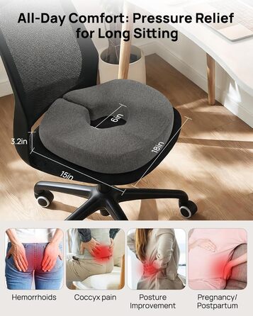 Ортопедична подушка-кільце Feagar: регульований ергономічний сидінець-пончик від геморою та ішіасу, для копчика, післяпологовий (Сірий, стандарт 60-100 кг) для авто, офісного крісла та візків