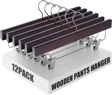 Дерев'яні вішалки для штанів Ulimart: 12 шт., масивне дерево, з кліпсами, регульовані, для джинсів, шортів, штанів (натуральне дерево, коричневий)