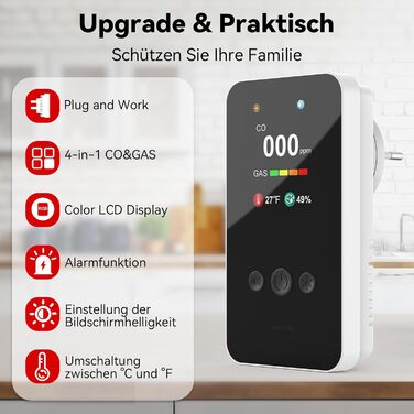 Детектор чадного газу та газу з вилкою, 4-в-1 CO-детектор з датчиком температури та вологості, з акустичним сигналом для дому та автодому, 1 шт. (Чорний) (Weiß 1 Quadrat)