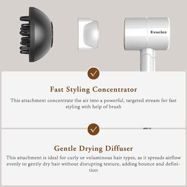 Компактний іонізуючий фен для волосся 2000W, складаний дорожній фен з дифузором та стилізуючою насадкою, швидке сушіння, білий