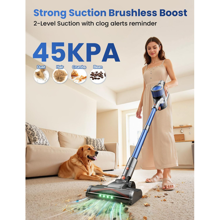 Бездротовий пилосос Dzaki 45000Pa з акумулятором, Smart-дисплеєм, функцією паркування та антизаплутанащістю для килимів, твердих поверхонь, шерсті тварин та авто (блакитно-сірий)