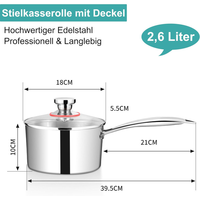 Каструля HaWare з нержавіючої сталі 16 см з кришкою, 1.9 л, для всіх типів плит, індукційна, нержавіюча сталь, 3-шарова, без покриття, для плити, для здорового харчування, миється в посудомийній машині