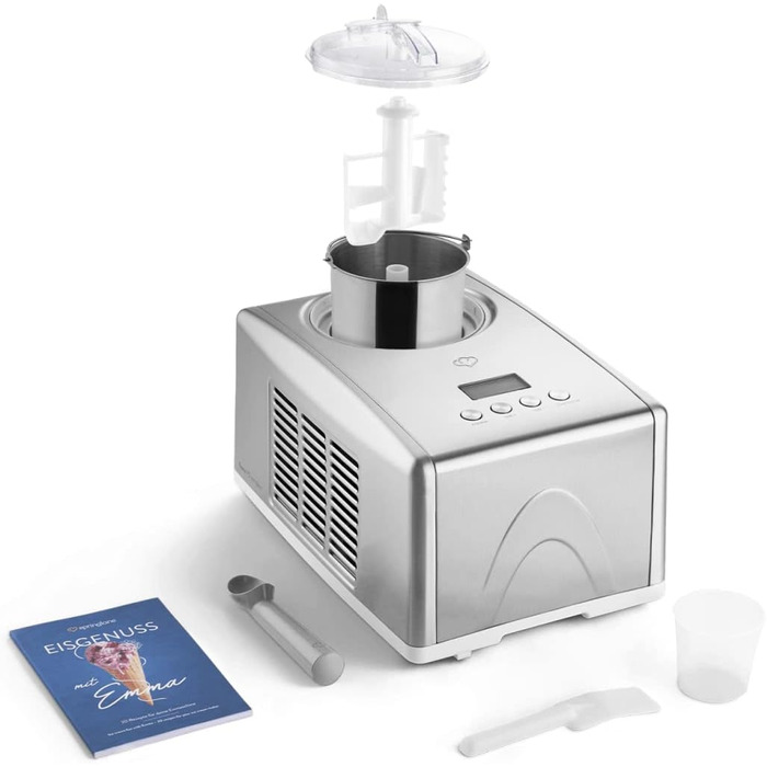 Електрична машина для приготування морозива Springlane 1.5 л з самоохолоджуючим компресором 150 Вт, з нержавіючої сталі з знімним контейнером для льоду, з рецептами (срібна)