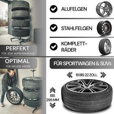 Преміум-підставка для шин на колесах (295 мм, 150 кг) - 4 шини. Чорна, мобільна, для зберігання шин