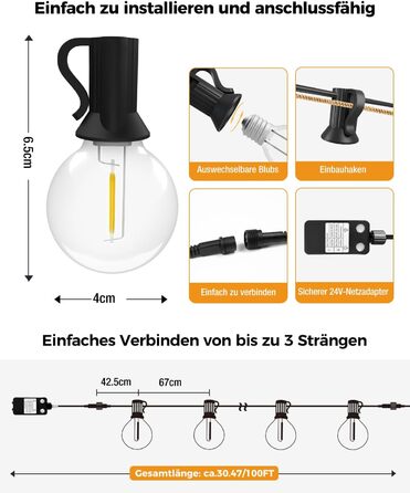 LED гірлянда світлодіодна зовнішня, димування, таймер, 15м, декоративні лампочки G40, тепле біле світло, пластик, вологостійка для саду, балкону, вечірки, павільйону, тераси