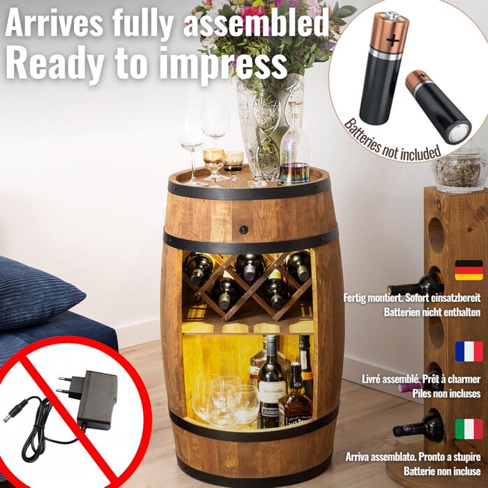 Дерев'яна винна шафа-бар Fass від Creative Cooper з LED підсвічуванням, 80x50 см - Рустичний декор для дому