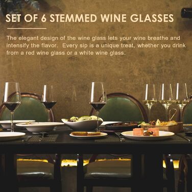 Набір келихів для вина PROST! 6 шт., 491 мл, з кришталевого скла без свинцю, для червоного та білого вина, 496 мл, підходить для миття в посудомийній машині