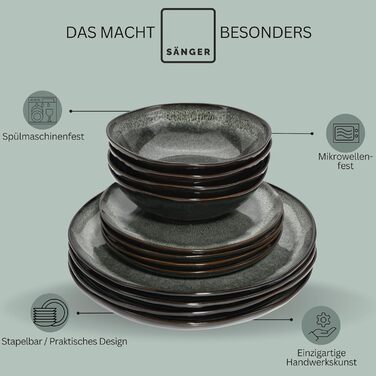 Набір посуду SÄNGER Teller Set Kopenhagen 24 елементи, 8 осіб, керамічний сервіз (тарілки для вечері, сніданку, супу), зелений/сірий, PREMIUM COLLECTION