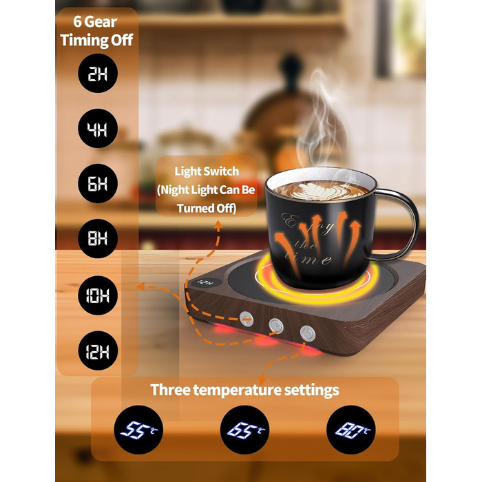Підігрівач чашок з дисплеєм температури, вимкненням на 2-12 годин, розумний підігрівач свічок, текстура дерева