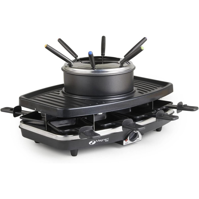Набір для раклет, фондю та гриль MAGNANI 3 в 1 на 8 осіб з регулюванням температури, виделки та сковорідки, 1100W, антипригарне покриття