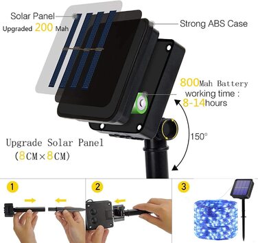 Вулична гірлянда на сонячних батареях, 212 м, всього 240 світлодіодів, водонепроникна гірлянда для прикраси будинку/вулиці, освітлення для саду, патіо, двору, дерев, вечірок, фестивалів, весільних прикрас (синій), 2 шт.