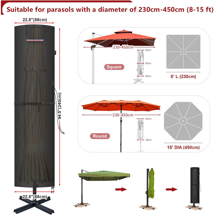 Захисний чохол для парасольки/перголи LAMUNI, 240x58/58 см, водонепроникний, для парасольки 3-5 м, зимовий захист
