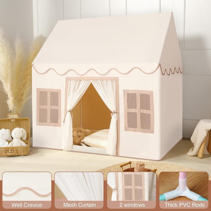 Дитяче намет-ігровий будиночок Wilwolfer з килимком для малюків: Принцесин будиночок з бахромою для дівчаток та хлопчиків - Великий намет для гри в приміщенні та на вулиці, кремовий колір