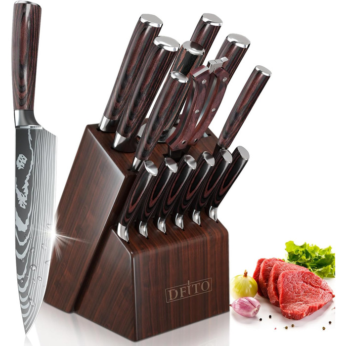 Набір кухонних ножів Dfito 15 предметів з підставкою: професійний набір ножів для кухні, кухонні ножі, кухонний набір, професійний кухарський набір, швейцарський ніж, точилка для ножів, коричневий