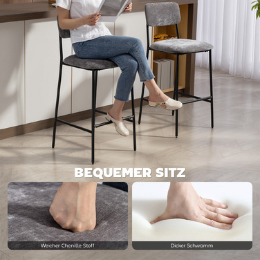 Набір з 2 барних стільців з м'яким сидінням, ідеально підходять для кухонної стільниці, домашнього бару. Мають спинку, підставку для ніг, оббивка з тканини, сталевий каркас, сірого кольору.