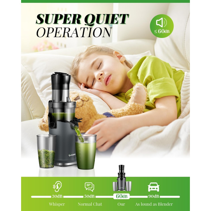 Електричний соковитискач GDOR з великою завантажувальною воронкою 90 мм, висока врожайність, тихий, BPA-free, легко миється, 200W, сірий