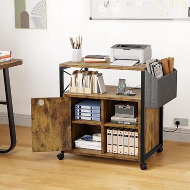 Підставка для принтера YITAHOME з розетками, роликова, з полицею та кишенькою, з замком для документів, для дому/офісу (колір: коричневий)