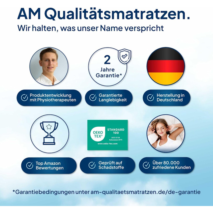 Преміум-матрац з підтримкою шиї AM, регульована висота, ефект охолодження, чохол з Tencel, Made in Germany, сертифікат Oeko-TEX, з гелевим та віскоеластичним шарами, білий