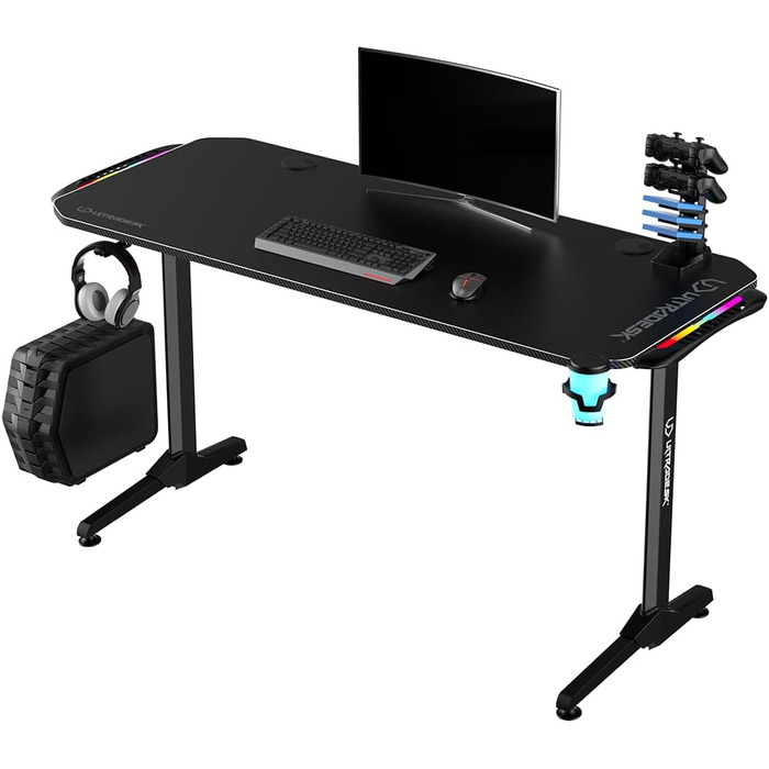 Ігровий стіл ULTRADESK FRAG V3 LED RGB - Місце для двох моніторів - Футуристичні форми - 150x60 Чорний